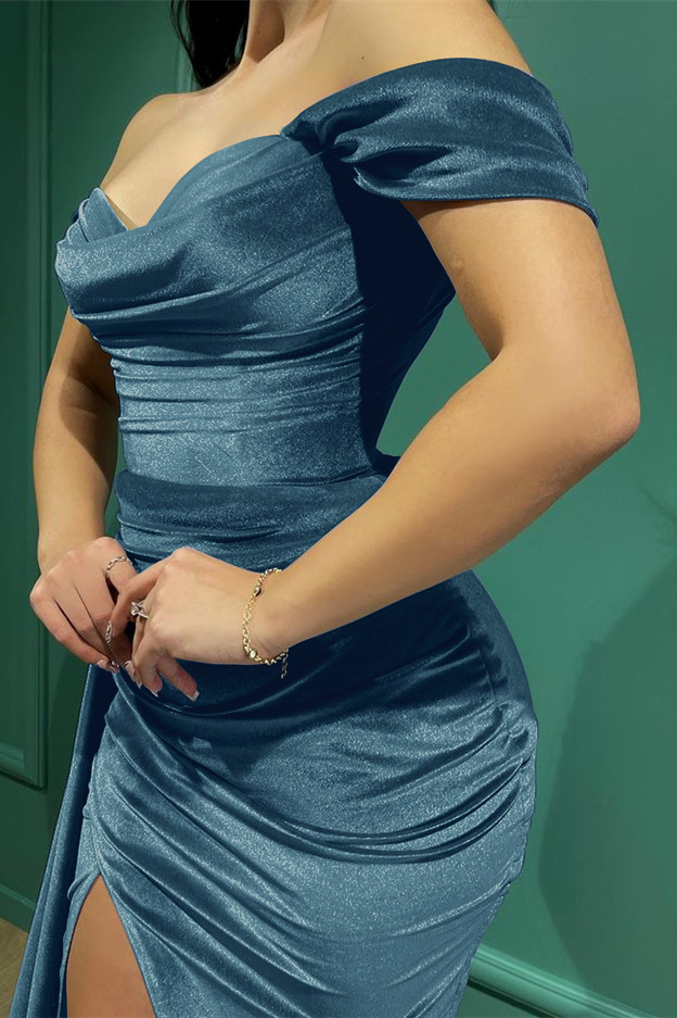 Off the Shoulder Long Sleeves Sweetheart Split Prom Dress With Ruffles