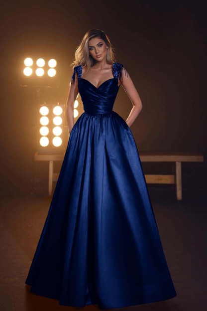 Straps Sleeveless Long Prom Dress With Pleated Pockets Sequins
