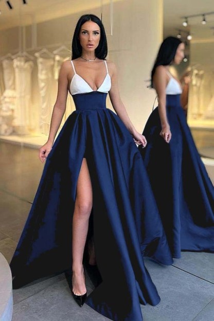 Black and White Spaghetti Strap V Neck Long Prom Dress With Front Split