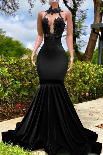 Halter Sleeveless Long Mermaid Prom Dress With Appliques Ruffles