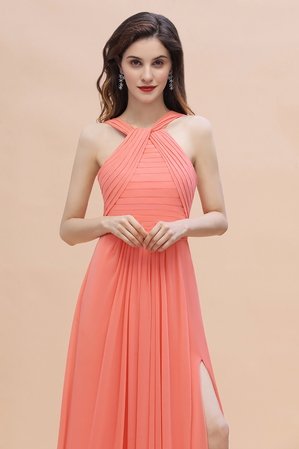 BMbridal Gorgeous A-Line Sleeveless Coral Chiffon Bridesmaid Dress with Ruffles On Sale-BMbridal