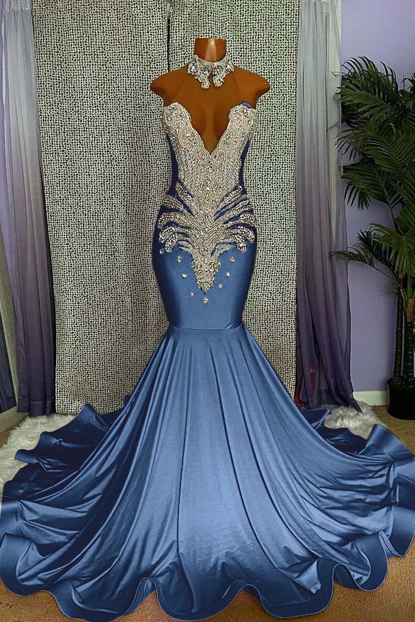 Mermaid Pink High Neck Sleeveless Prom Dress Beaded With Appliques