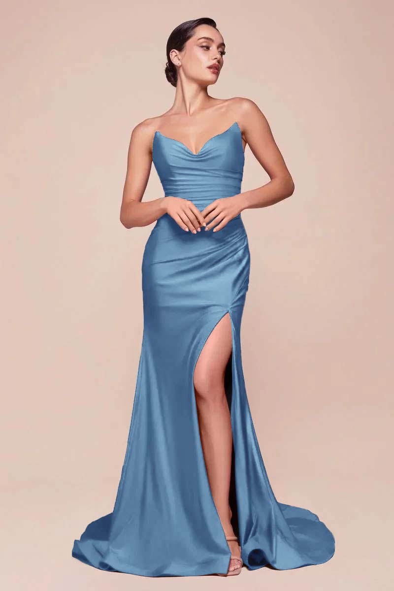 Strapless Sleeveless Long High Split Prom Dress With Pleated