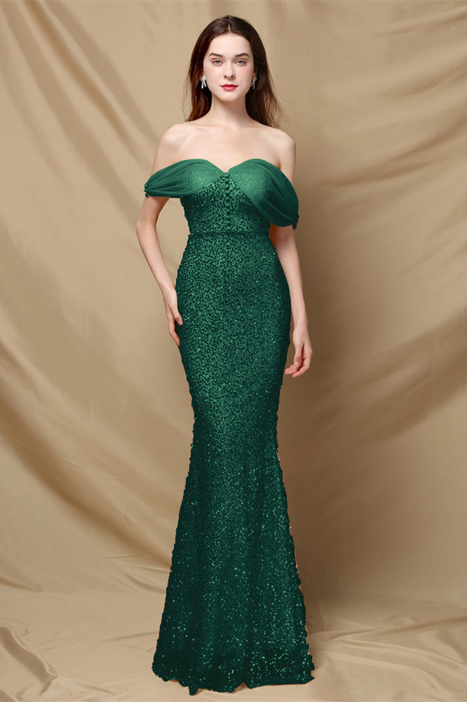Elegant Off the Shoulder Mermaid Sequins Prom Dress With Sweetheart Buttons