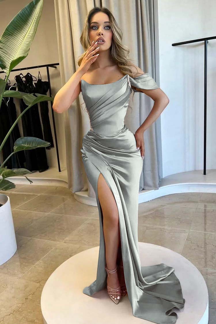 Strapless One Shoulder Long Mermaid Prom Dress With Split Beading