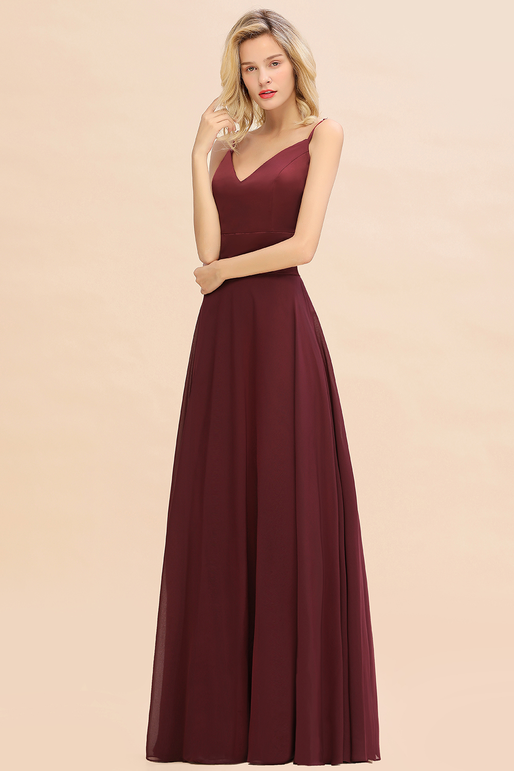 BMbridal Simple Satin Chiffon Spaghetti-Straps Burgundy Long Bridesmaid Dress-BMbridal