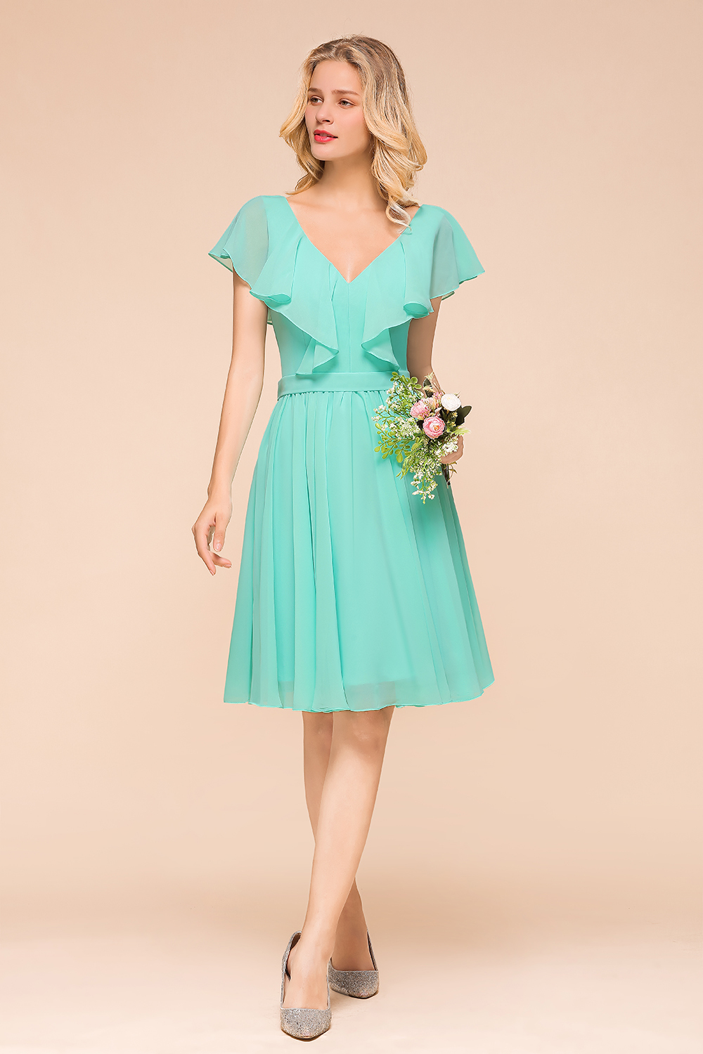 BMbridal Chic V-Neck Ruffle Chiffon Short Affordable Bridesmaid Dresses Online-BMbridal