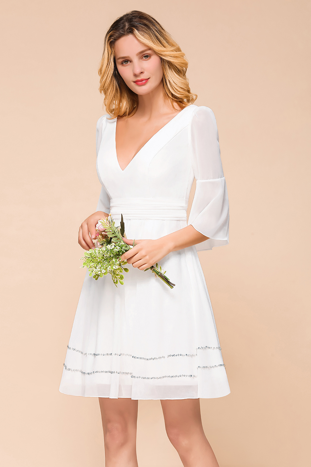 BMbridal Chic V-Neck 3/4 Sleeves Short White Bridesmaid Dress with Sequins-BMbridal