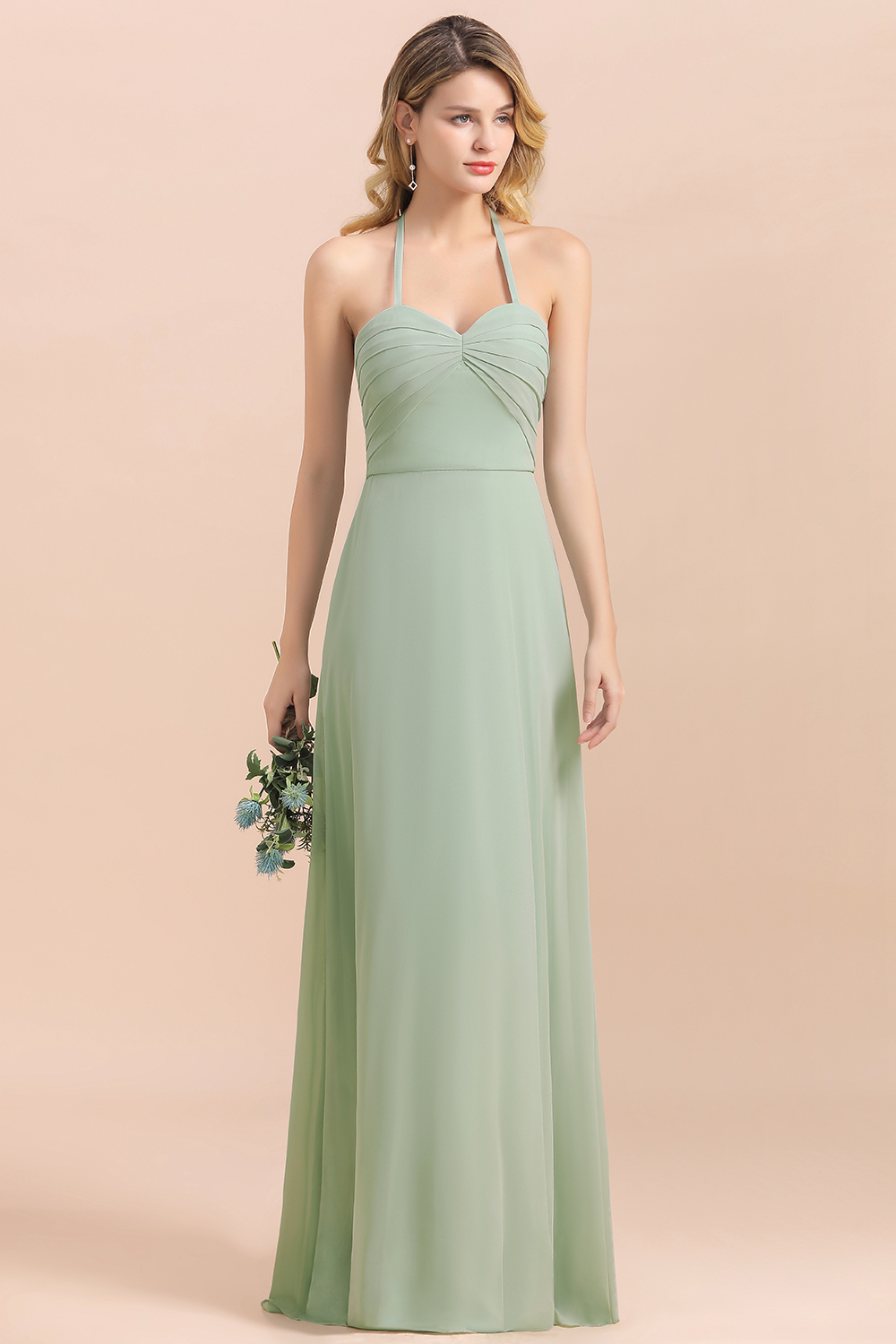 BMbridal Affordable Halter Sweetheart Chiffon Dusty Sage Bridesmaid Dresses-BMbridal