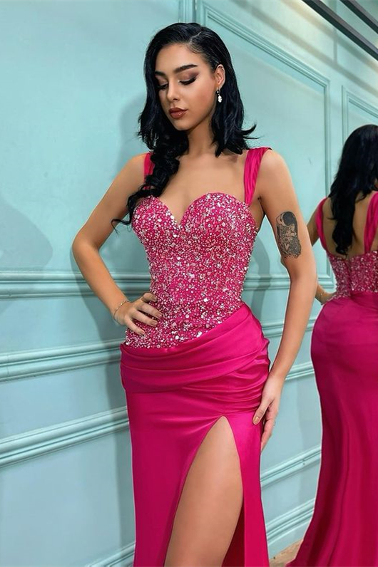Fuchsia Straps Sweetheart Sleeveless Split Mermaid Prom Dress With Sequins
