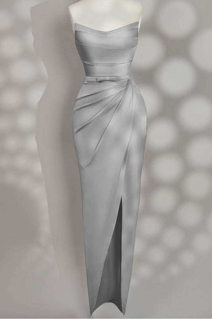 Strapless Sleeveless Long Split Prom Dress With Pleated Bowknot