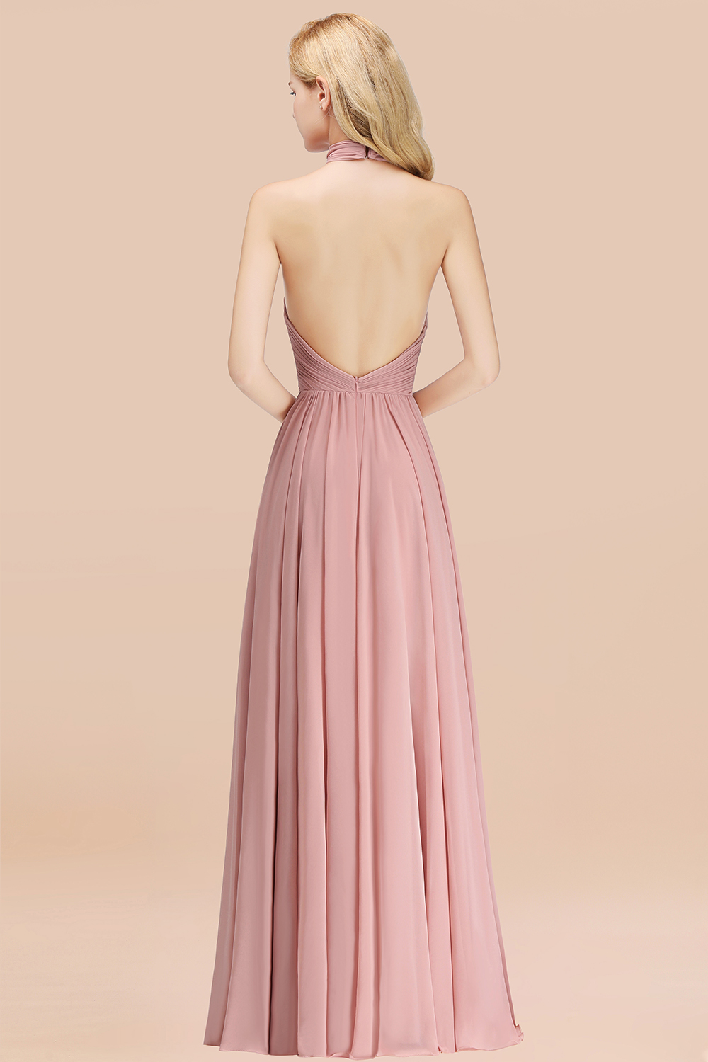 BMbridal Gorgeous High-Neck Halter Backless Bridesmaid Dress Dusty Rose Chiffon Maid of Honor Dress-BMbridal