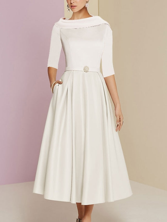 Tea-Length Mother of the Bride A-Line Dress with Jewel Neckline Half Sleeves Pleats and Pockets