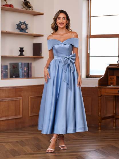 Off-the-Shoulder Sleeveless A-Line Princess Ankle-Length Mother of the Bride Dress with Pockets