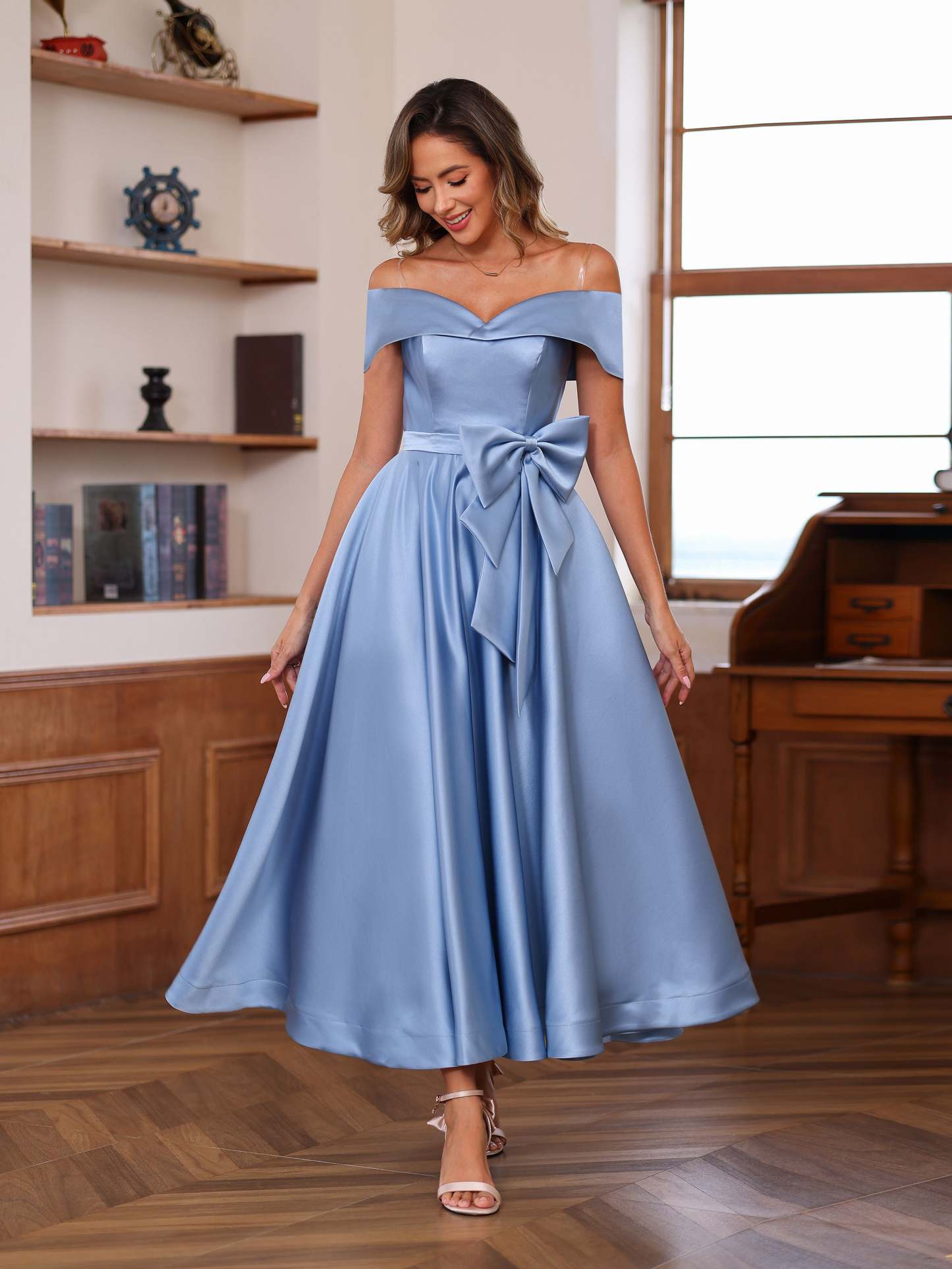 Off-the-Shoulder Sleeveless A-Line Princess Ankle-Length Mother of the Bride Dress with Pockets