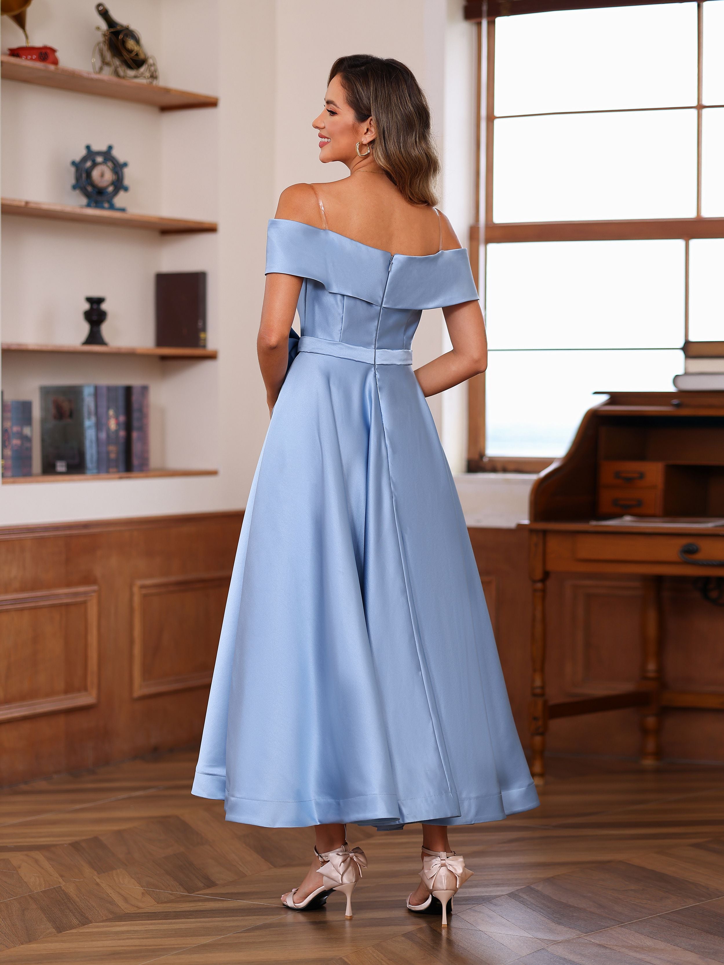 Off-the-Shoulder Sleeveless A-Line Princess Ankle-Length Mother of the Bride Dress with Pockets