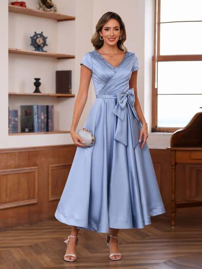 V-Neck A-Line Princess Short-Sleeve Ankle-Length Mother of the Bride Dress Featuring Pockets and Ruffles-BMbridal.UK