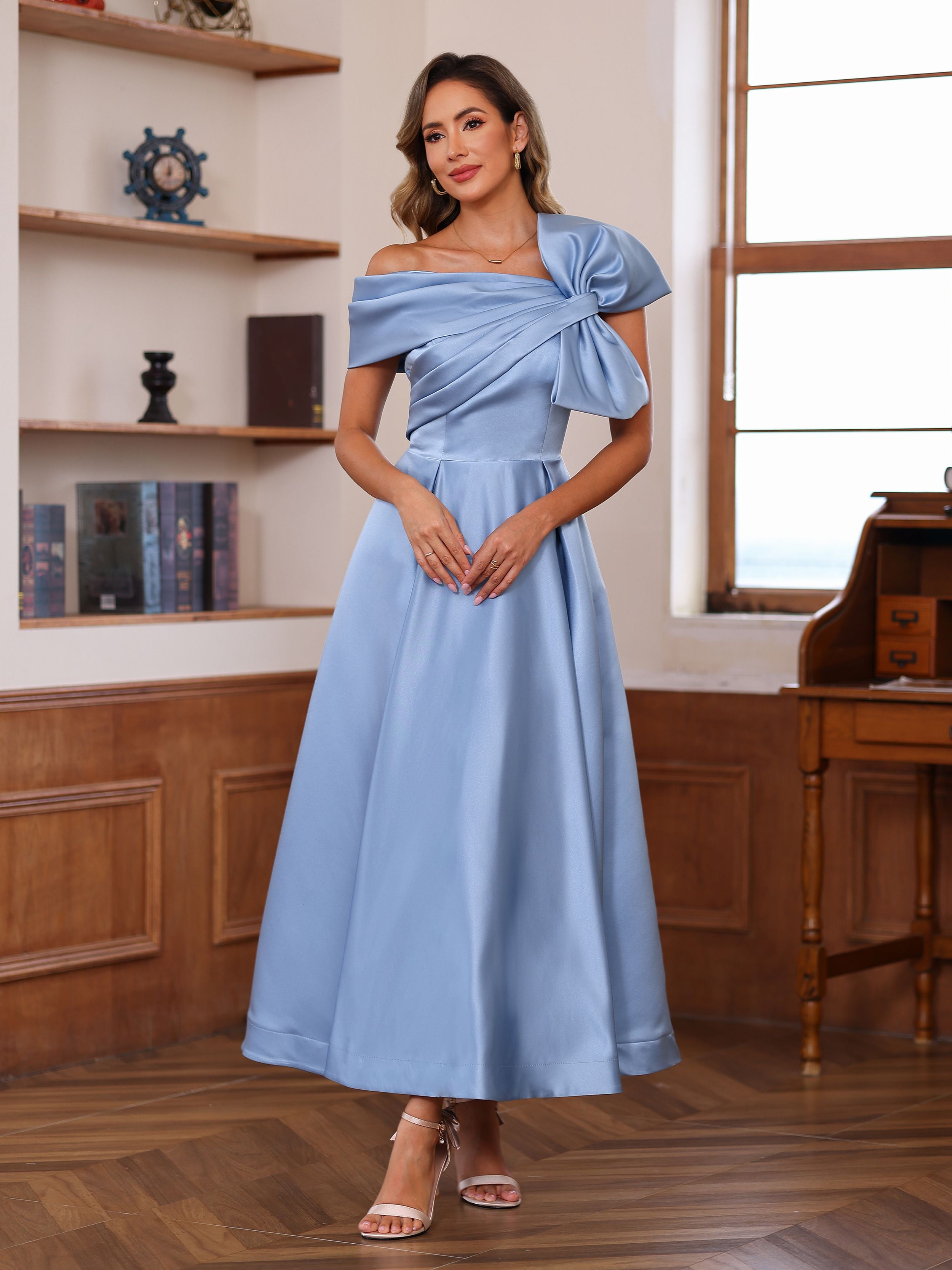 Unique Off-the-Shoulder A-Line/Princess Sleeveless Mother of the Bride Dress with Bowknot Ankle-Length-BMbridal.UK