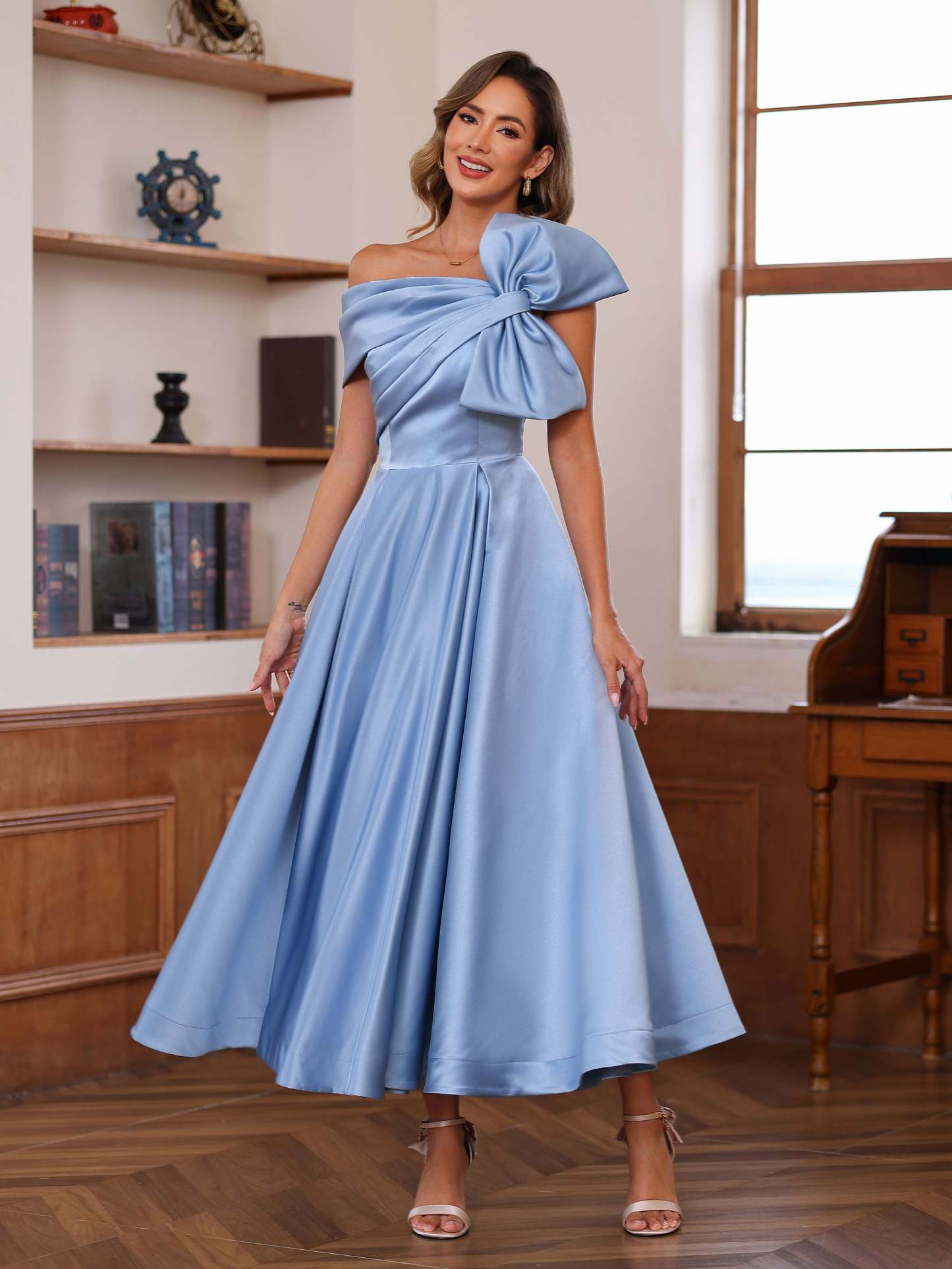 Unique Off-the-Shoulder Sleeveless A-Line/Princess Ankle-Length Mother of the Bride Dress with Bowknot-BMbridal.UK