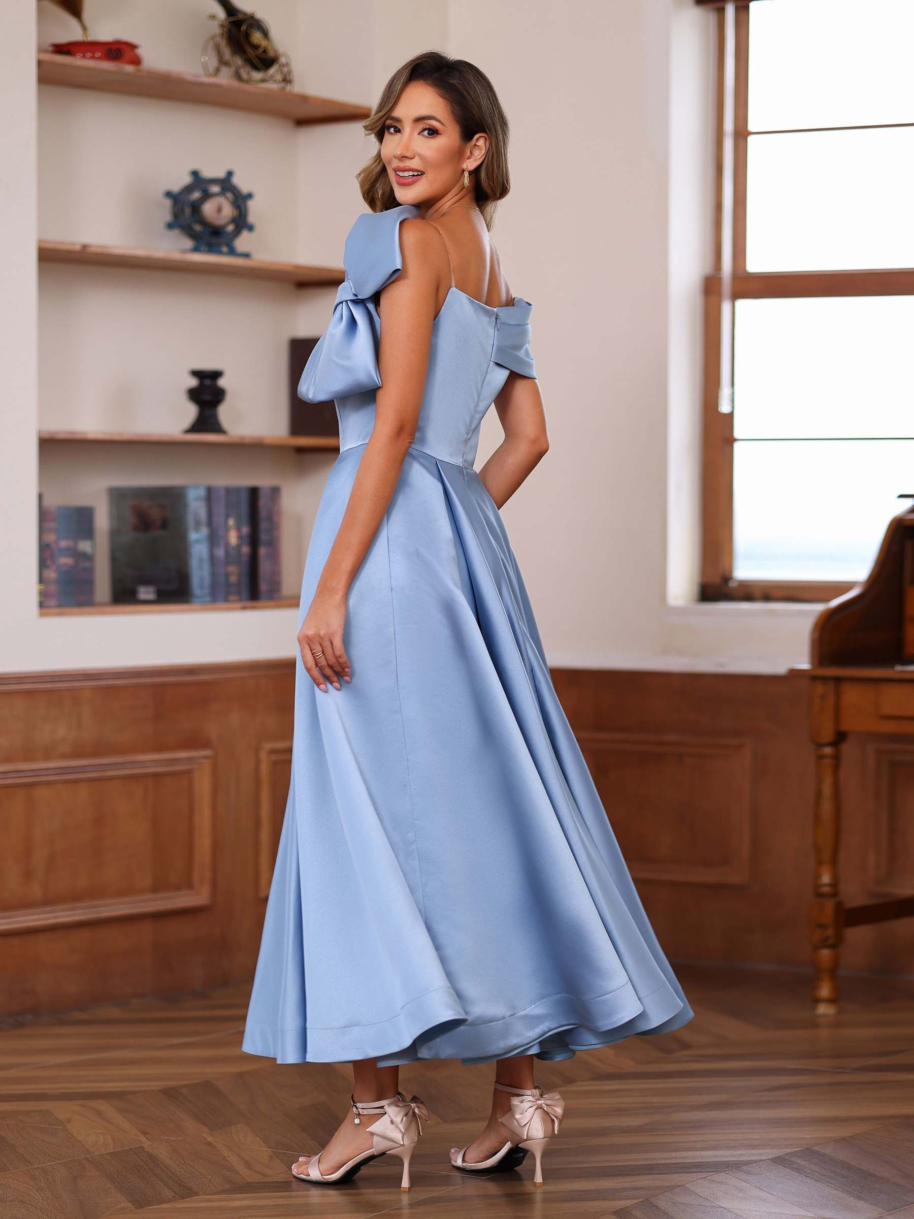 Unique Off-the-Shoulder Sleeveless A-Line/Princess Ankle-Length Mother of the Bride Dress with Bowknot-BMbridal.UK