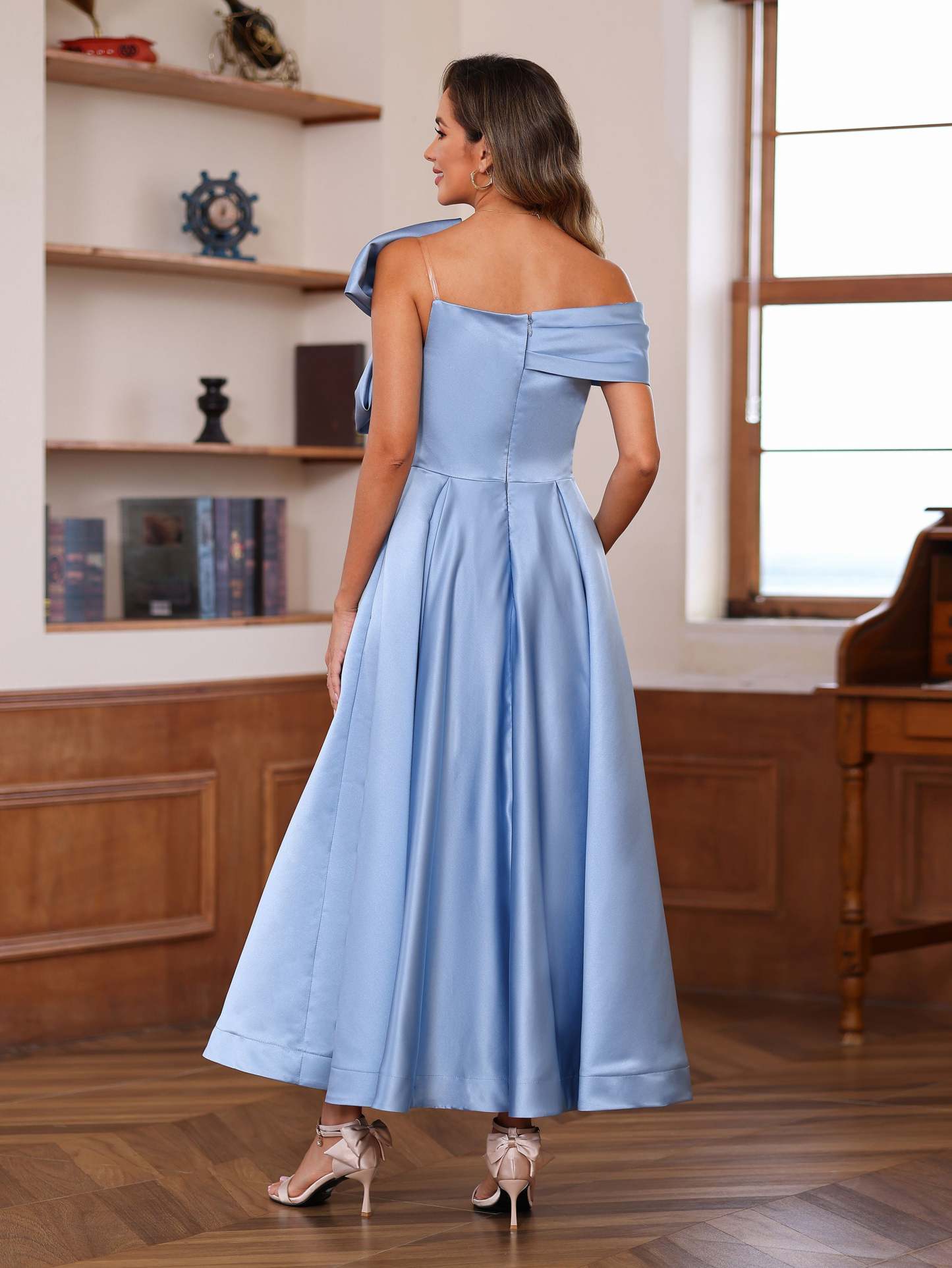 Unique Off-the-Shoulder Sleeveless A-Line/Princess Ankle-Length Mother of the Bride Dress with Bowknot-BMbridal.UK