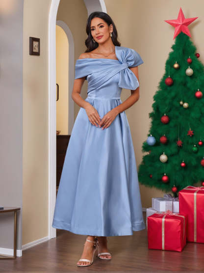 Unique Off-the-Shoulder Sleeveless A-Line/Princess Ankle-Length Mother of the Bride Dress with Bowknot-BMbridal.UK