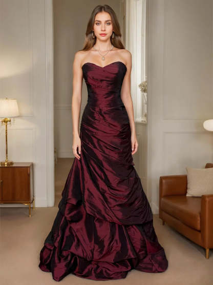 Strapless Sleeveless Floor-Length Taffeta Prom Dress with Sequins & Ruffles in Trumpet/Mermaid Style