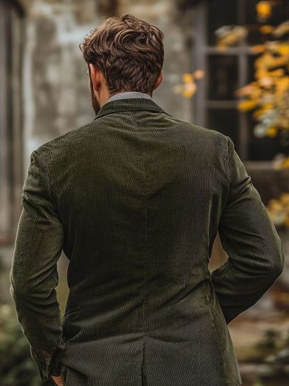 Men's Army Green Solid Corduroy Six-Button Double Breasted Party Suit