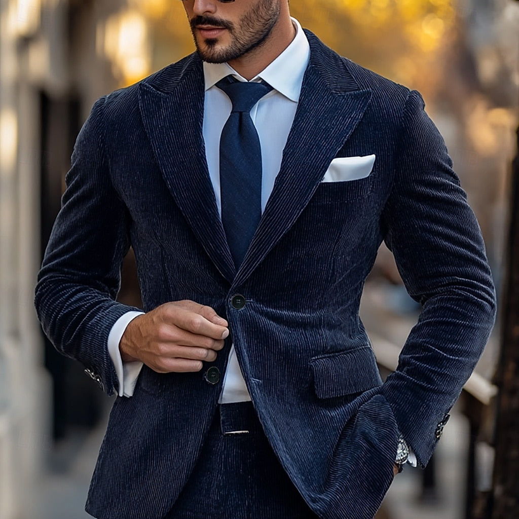 Men's Solid Navy Blue Corduroy Party Jacket With Two Buttons