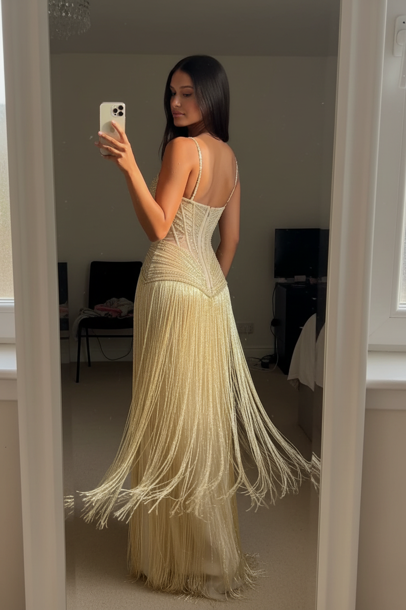 Spaghetti straps Sleeveless Long Prom Dress With Beading Tassel