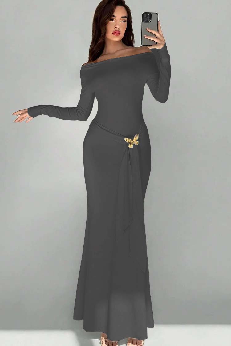 Off the Shoulder Long Sleeves Long Mermaid Prom Dress With Appliques