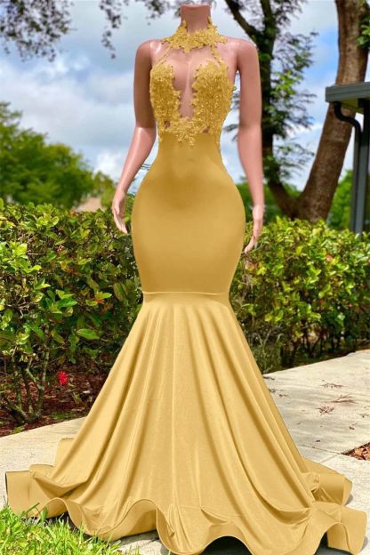 Halter Sleeveless Long Mermaid Prom Dress With Appliques Ruffles