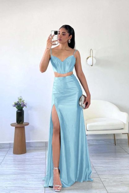 Spaghetti Strap Sleeveless Mermaid Long Prom Dress With Split