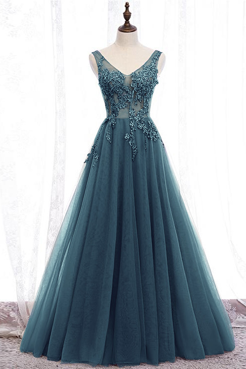 Glamorous Purple V Neck Sleeveless Long A Line Prom Dress With Appliques