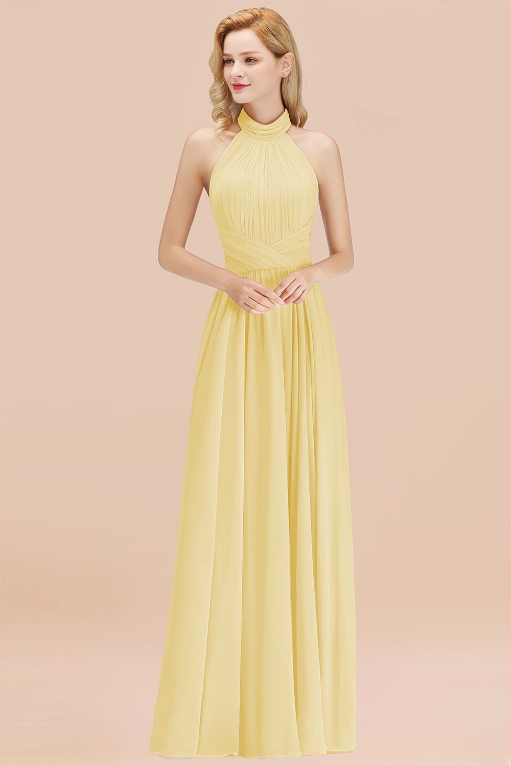 BMbridal Gorgeous High-Neck Halter Backless Bridesmaid Dress Dusty Rose Chiffon Maid of Honor Dress-BMbridal