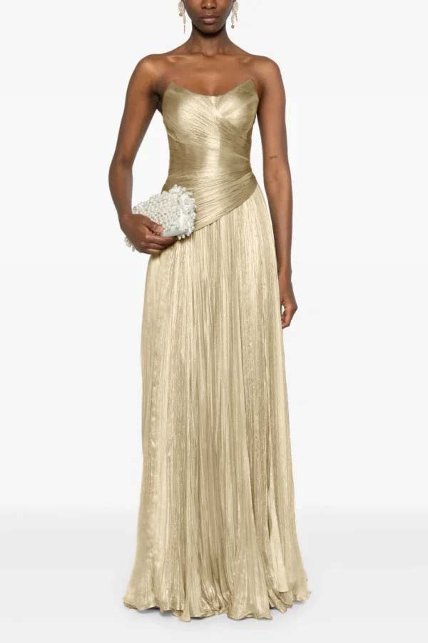 Chic Strapless Sleeveless Long Prom Dress With Ruffles Pleated