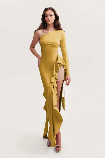 One Shoulder Long Sleeves High Split Long Prom Dress With Ruffles