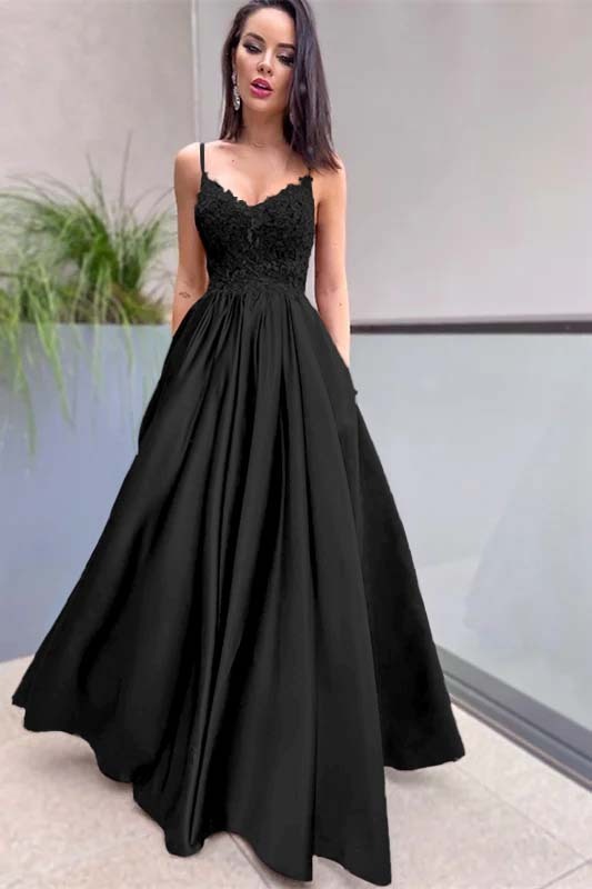 Royal Blue Sleeveless Lace A Line Long Prom Dress Appliques With Pockets