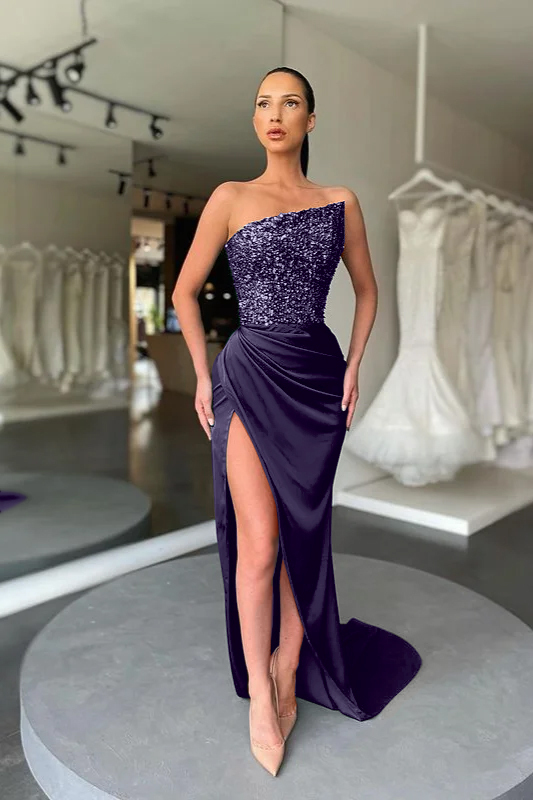 Sequins Strapless Sleeveless Dark Green Pleated Prom Dress With High Split