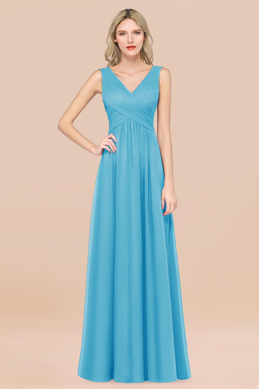 BMbridal Glamorous Chiffon V-Neck Sleeveless Burgundy Bridesmaid Dress with Draped Back-BMbridal