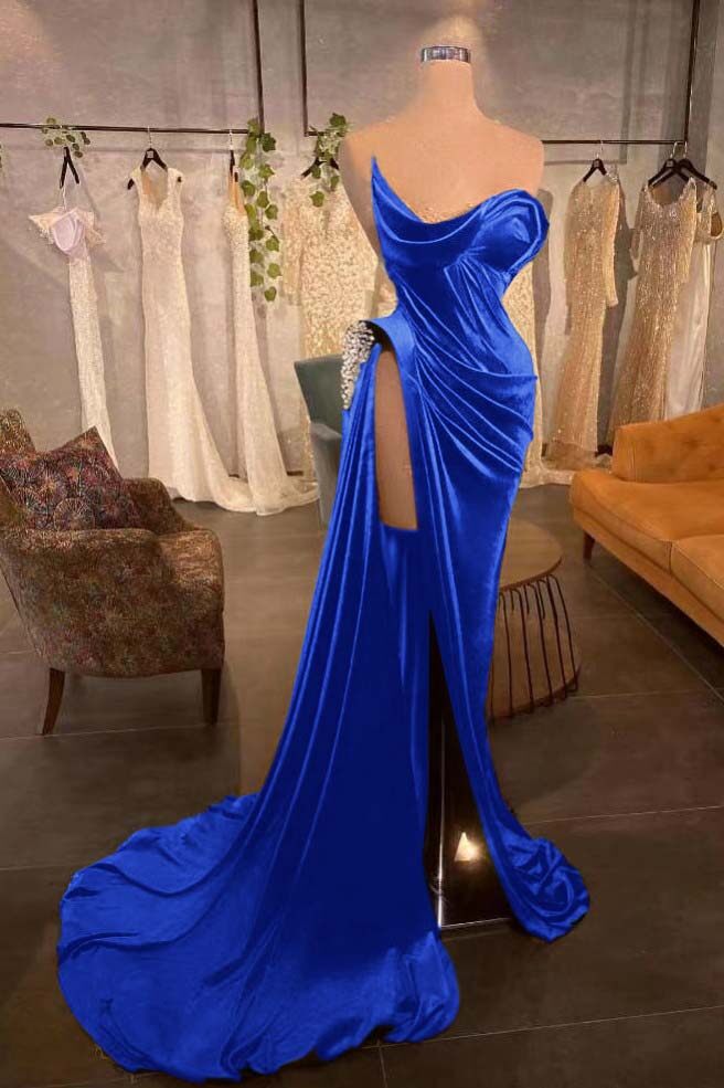 Strapless Sleeveless Long Prom Dress With High Split Pleated Beading