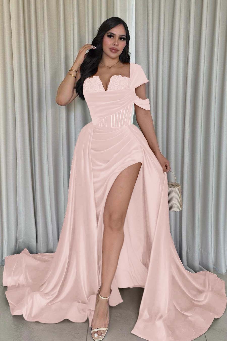 One Shoulder Sleeveless Long Mermaid Prom Dress With Split Pleated