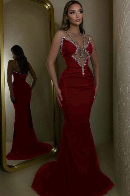 Spaghetti Strap Sleeveless Long Mermaid Prom Dress With Beading