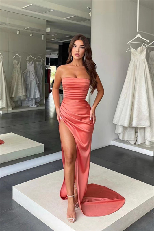 Amazing Coral Strapless Mermaid Prom Dress With Pleated Split