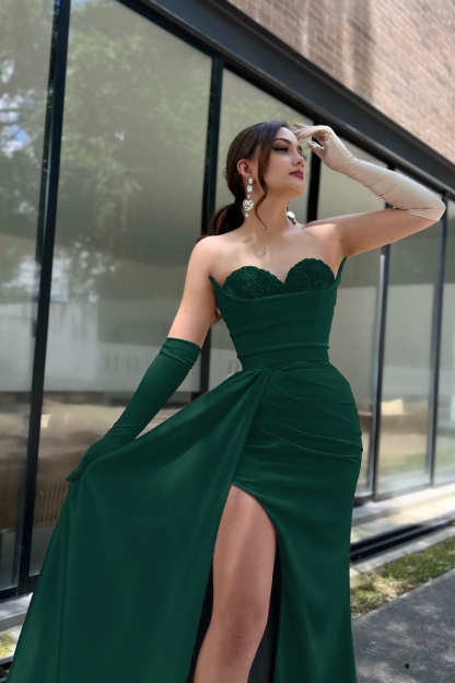 Prom Dress Sleeves Champagne Sweetheart High Slit With Gloves