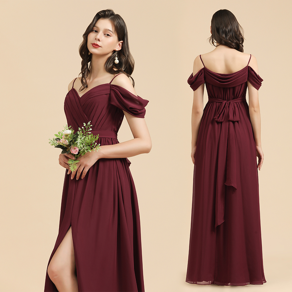 Off-the-Shoulder Sweetheart Burgundy Long Bridesmaid Dress With Slit-BMbridal