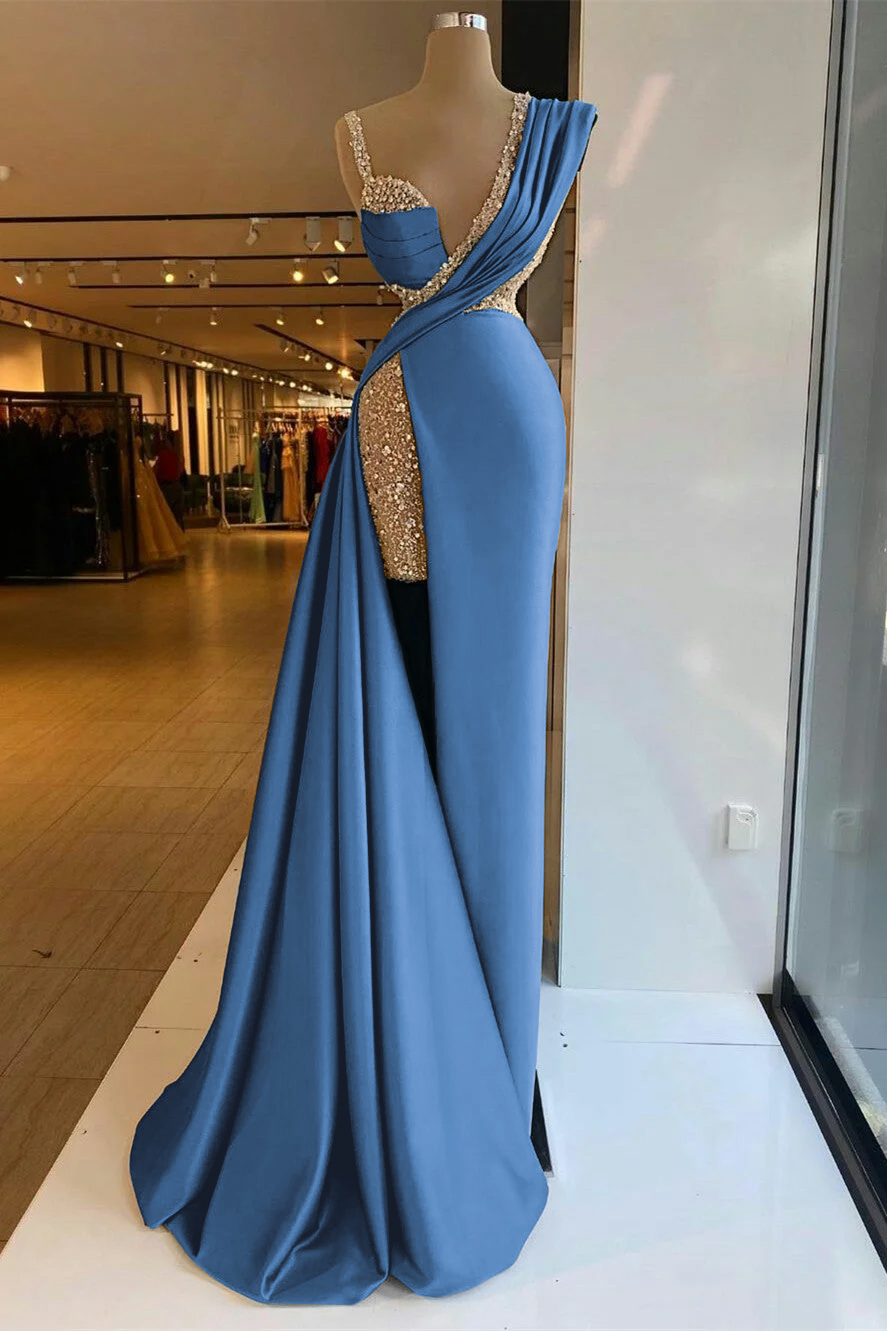 Straps Sleeveless High Split Long Prom Dress With Sequins Ruffles