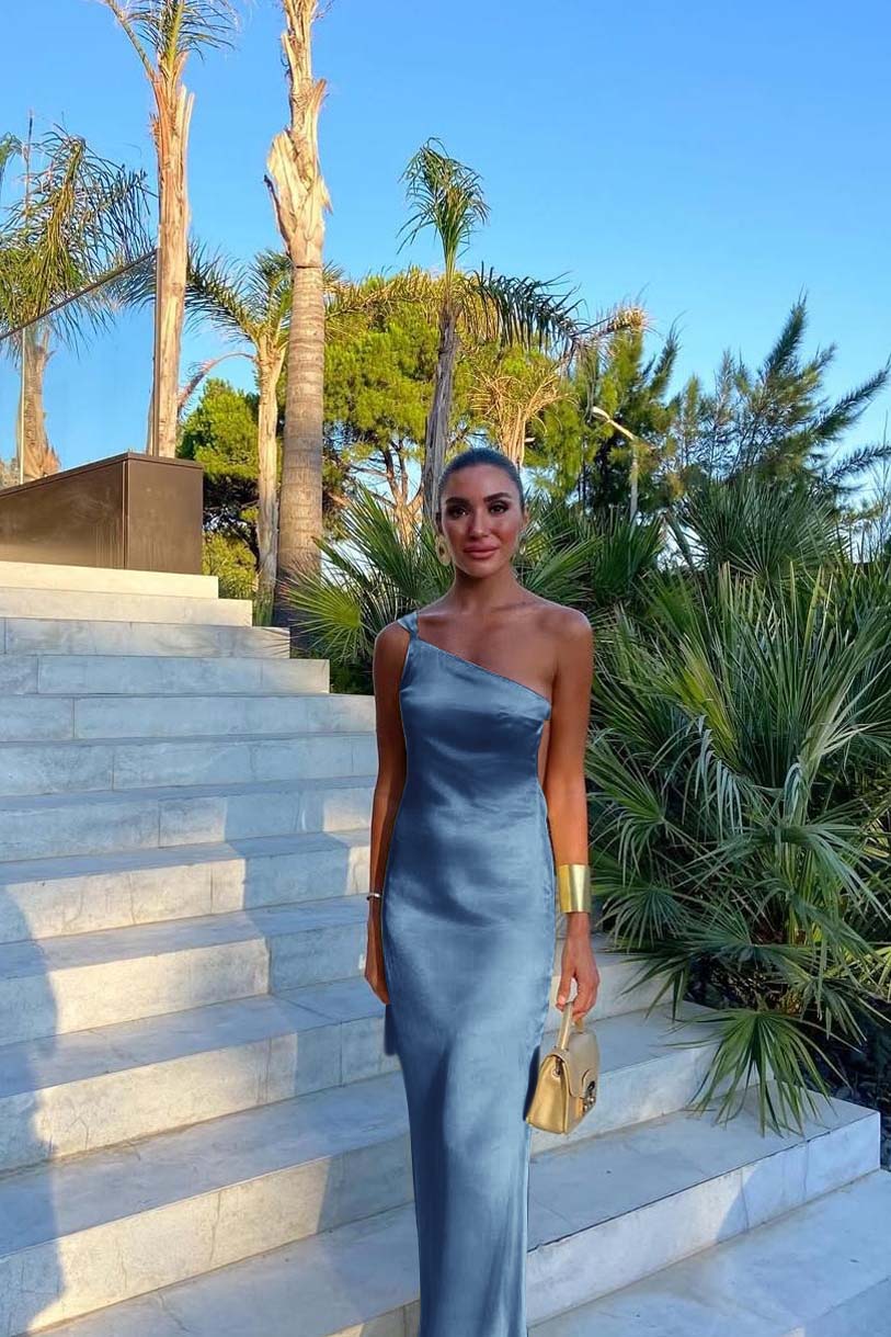 One Shoulder Backless Sleeveless Long Prom Dress With Pleated