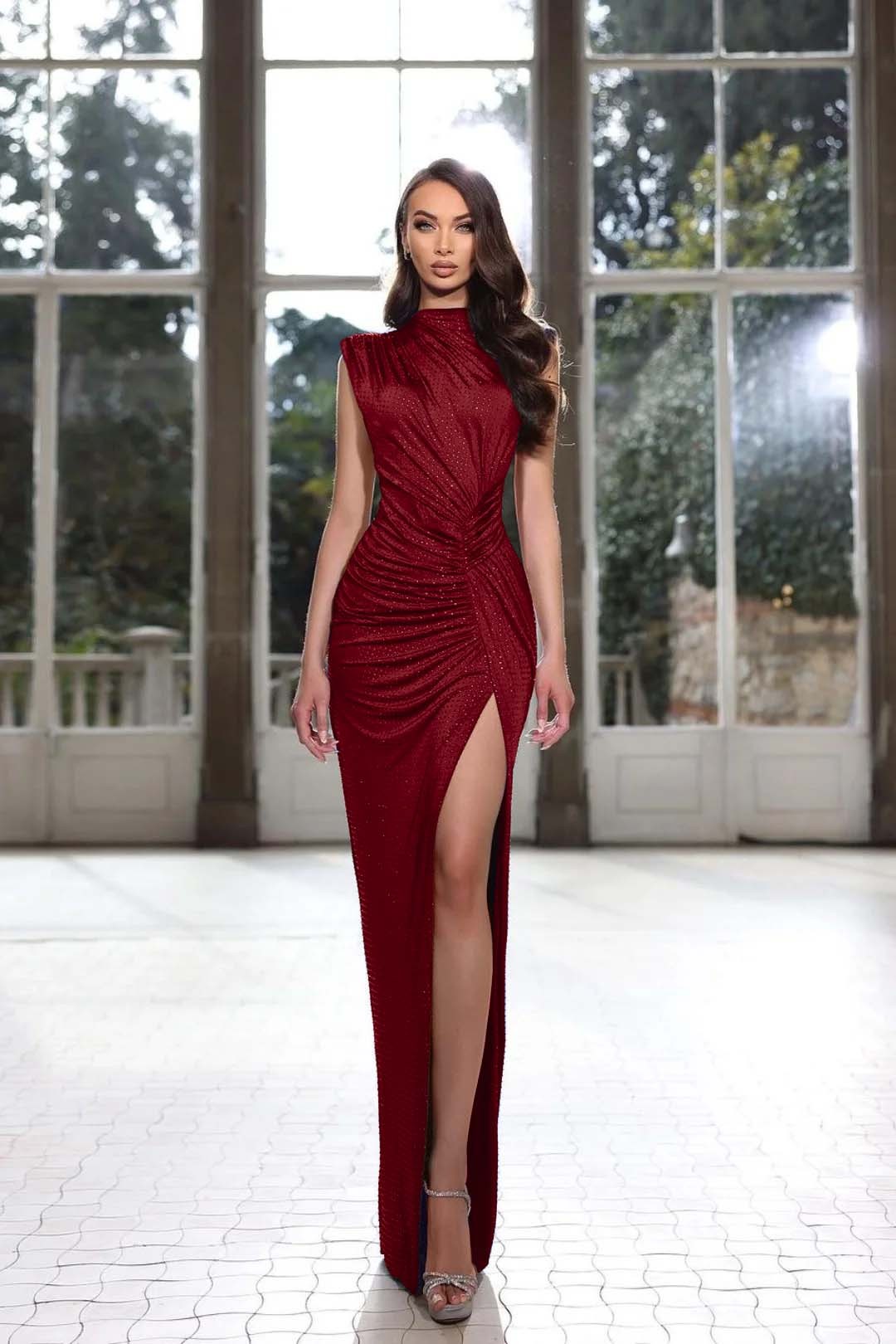 Simple Sleeveless Prom Dress Royal Blue High Neck With High Slit