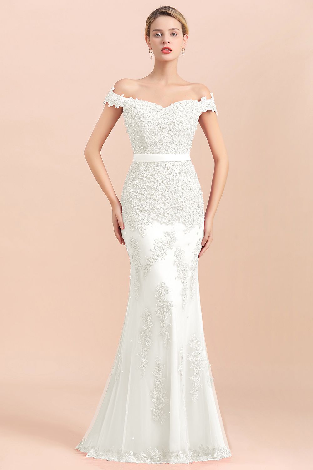 BMbridal Elegant Mermaid Off the Shoulder Red Lace Appliques Bridesmaid dresses-BMbridal